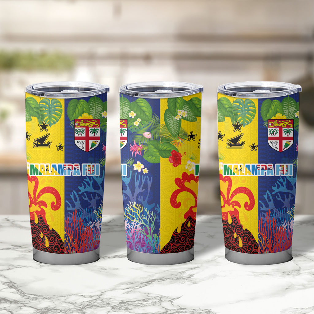 Malampa Fiji Day Tumbler Cup Volcano and Coral Reef with Culture Patterns Split Style