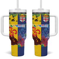 Malampa Fiji Day Tumbler With Handle Volcano and Coral Reef with Culture Patterns Split Style