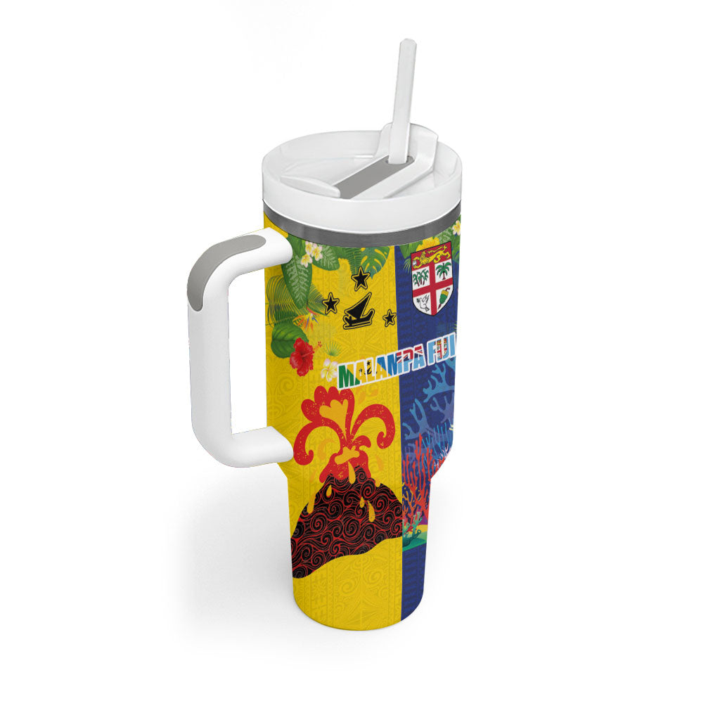 Malampa Fiji Day Tumbler With Handle Volcano and Coral Reef with Culture Patterns Split Style