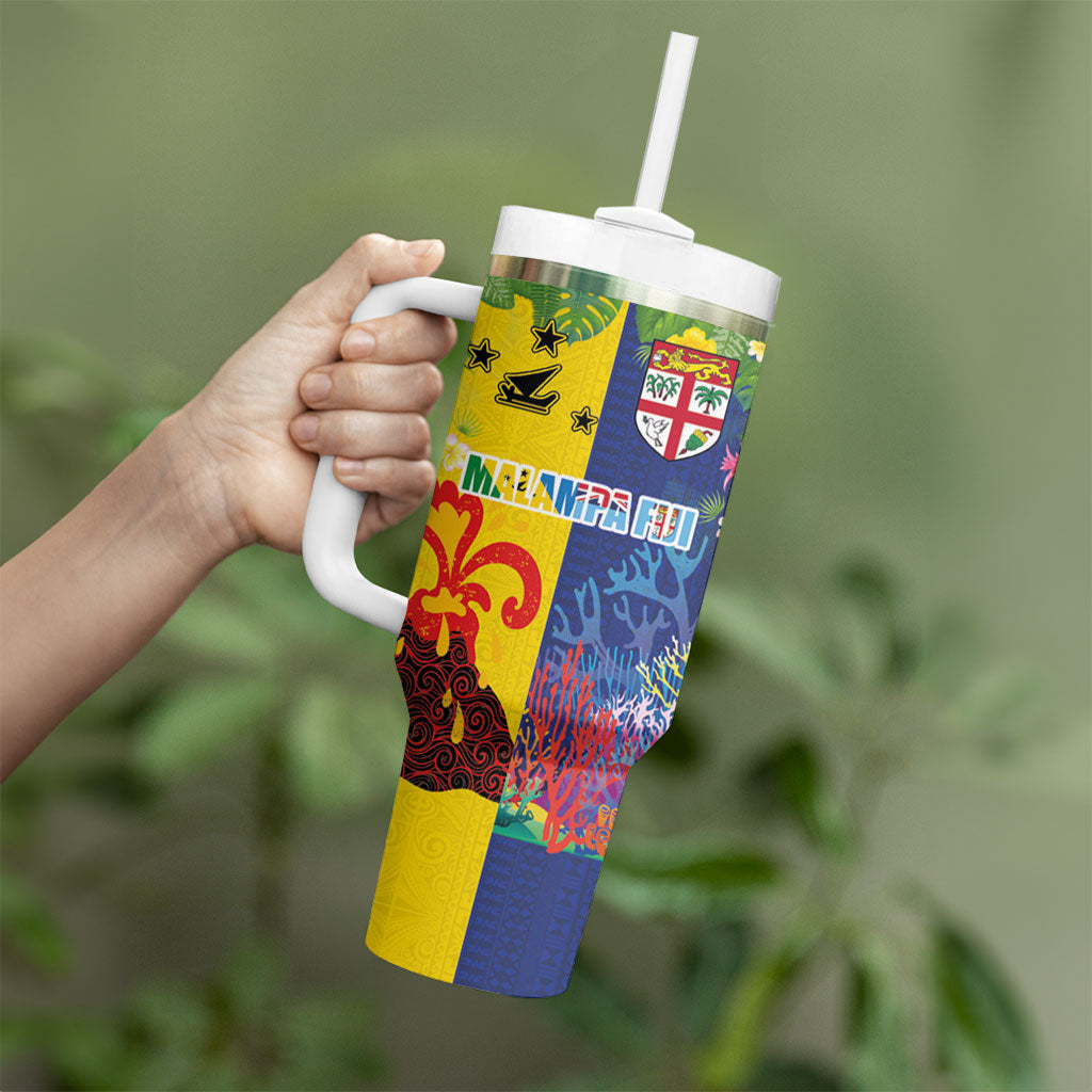 Malampa Fiji Day Tumbler With Handle Volcano and Coral Reef with Culture Patterns Split Style