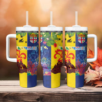 Malampa Fiji Day Tumbler With Handle Volcano and Coral Reef with Culture Patterns Split Style