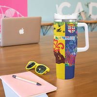 Malampa Fiji Day Tumbler With Handle Volcano and Coral Reef with Culture Patterns Split Style