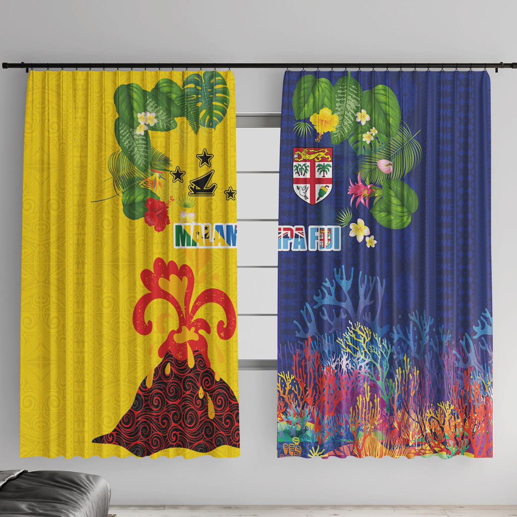 Malampa Fiji Day Window Curtain Volcano and Coral Reef with Culture Patterns Split Style