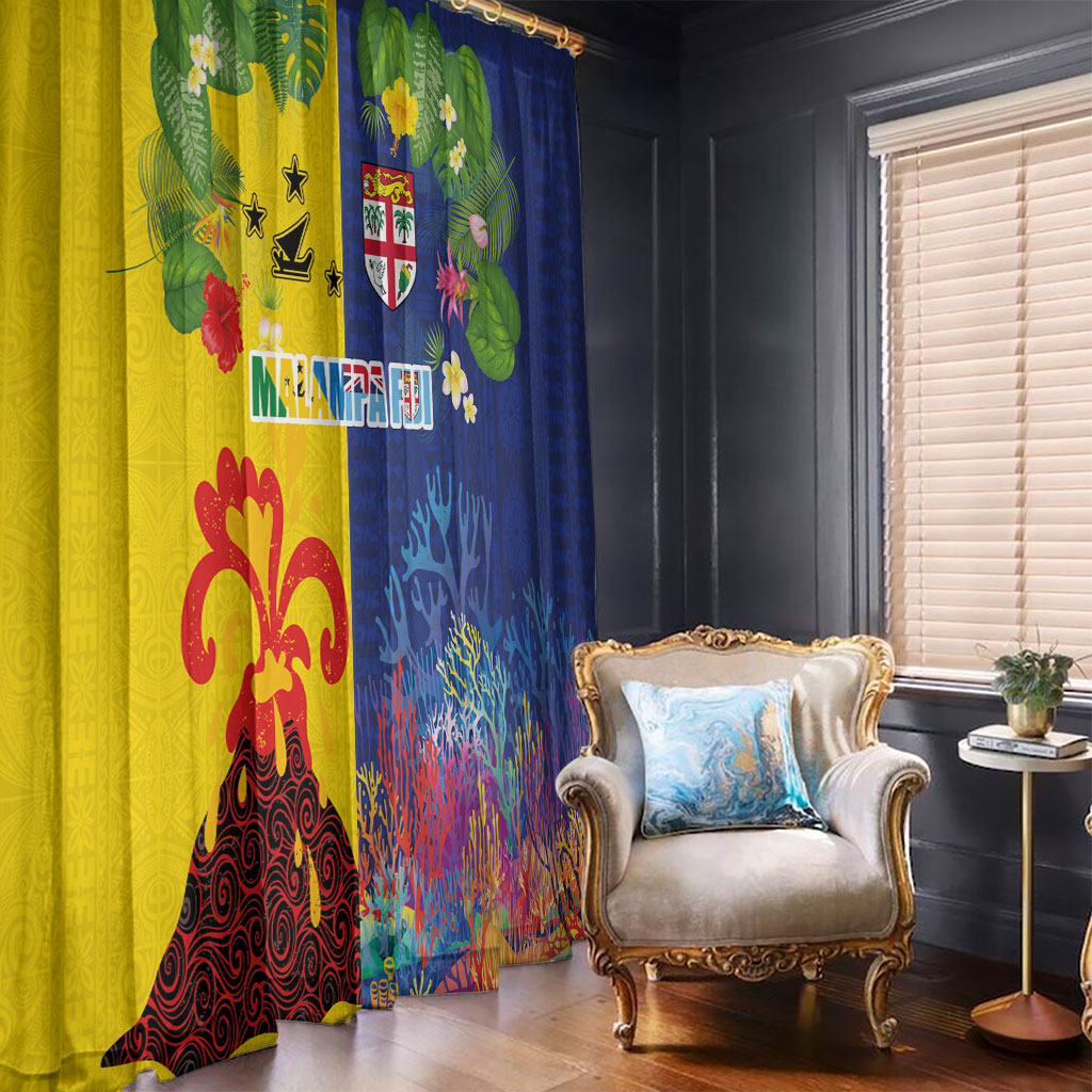 Malampa Fiji Day Window Curtain Volcano and Coral Reef with Culture Patterns Split Style