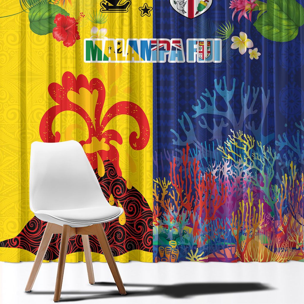 Malampa Fiji Day Window Curtain Volcano and Coral Reef with Culture Patterns Split Style