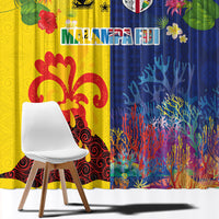 Malampa Fiji Day Window Curtain Volcano and Coral Reef with Culture Patterns Split Style