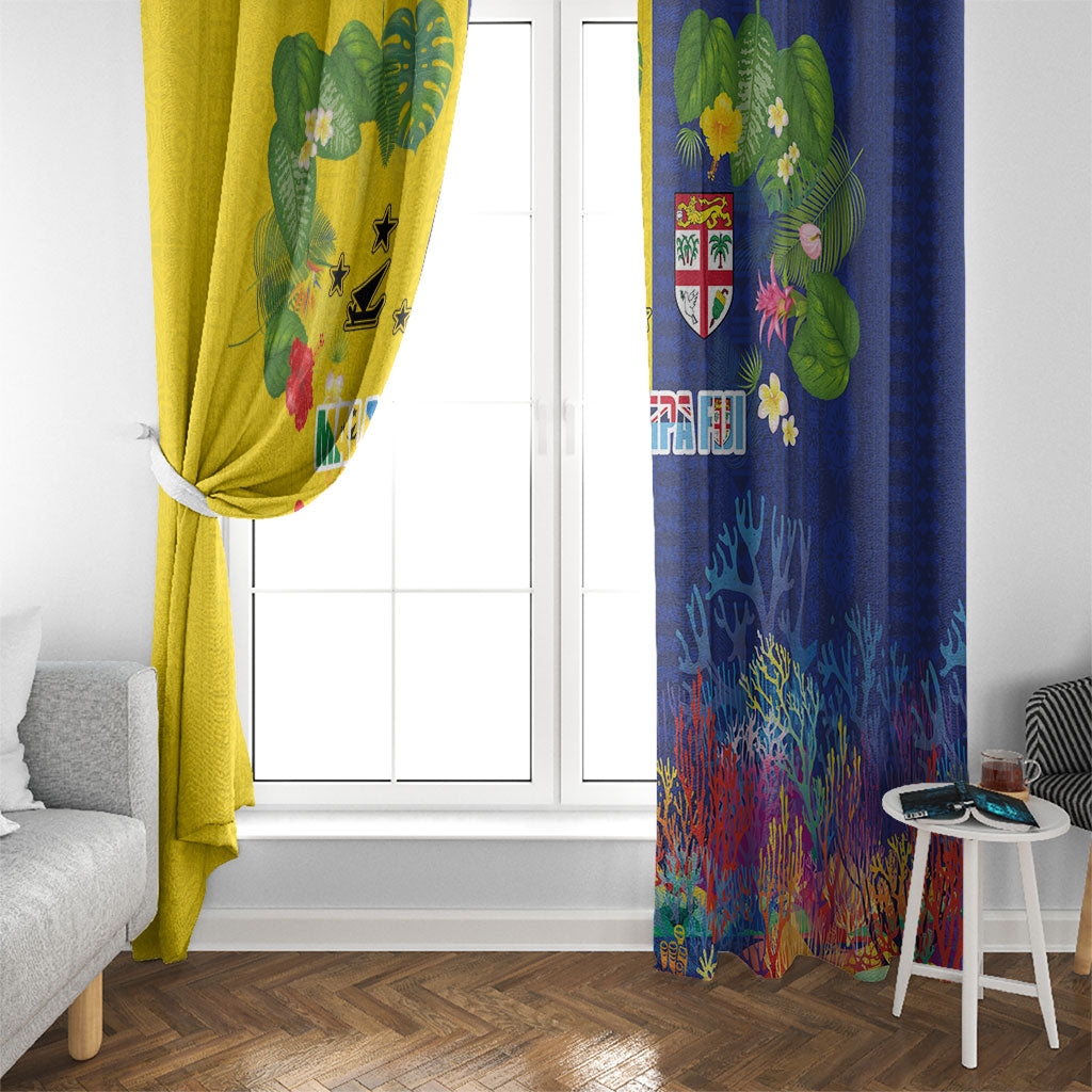 Malampa Fiji Day Window Curtain Volcano and Coral Reef with Culture Patterns Split Style