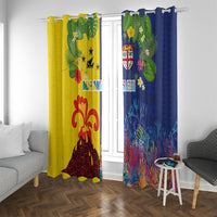 Malampa Fiji Day Window Curtain Volcano and Coral Reef with Culture Patterns Split Style