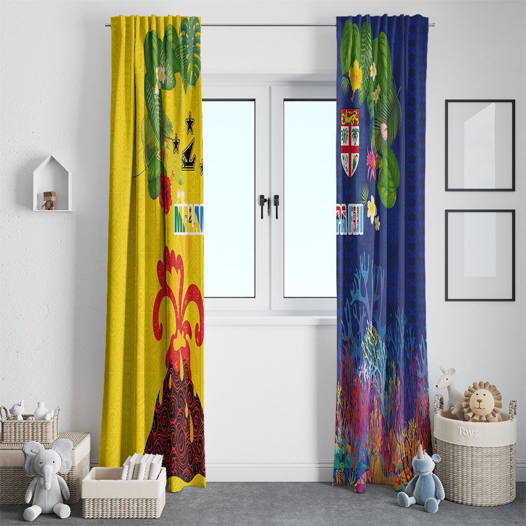 Malampa Fiji Day Window Curtain Volcano and Coral Reef with Culture Patterns Split Style