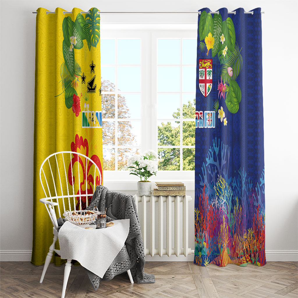 Malampa Fiji Day Window Curtain Volcano and Coral Reef with Culture Patterns Split Style