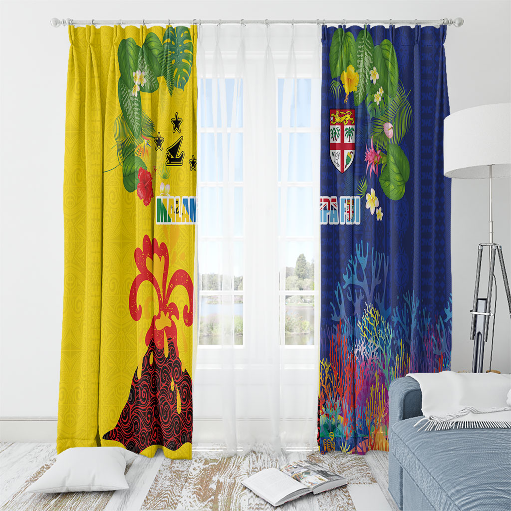 Malampa Fiji Day Window Curtain Volcano and Coral Reef with Culture Patterns Split Style