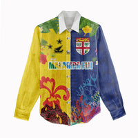 Malampa Fiji Day Women Casual Shirt Volcano and Coral Reef with Culture Patterns Split Style