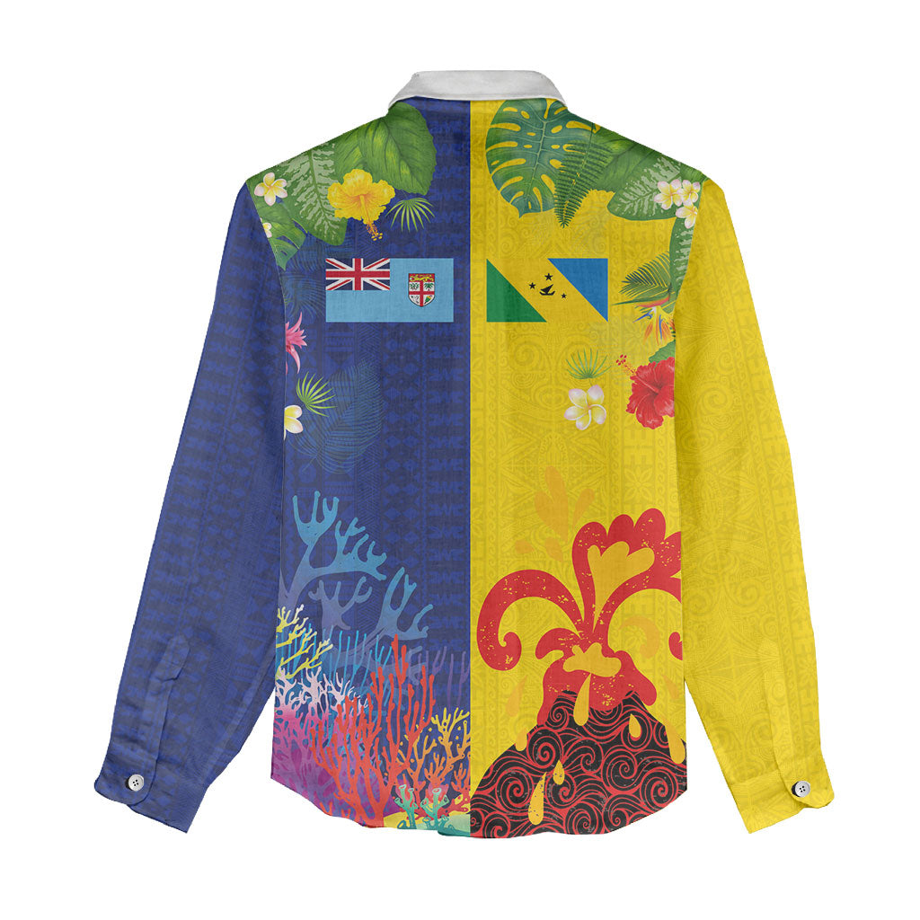 Malampa Fiji Day Women Casual Shirt Volcano and Coral Reef with Culture Patterns Split Style