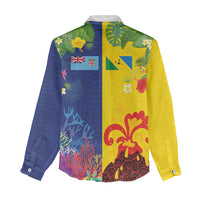 Malampa Fiji Day Women Casual Shirt Volcano and Coral Reef with Culture Patterns Split Style