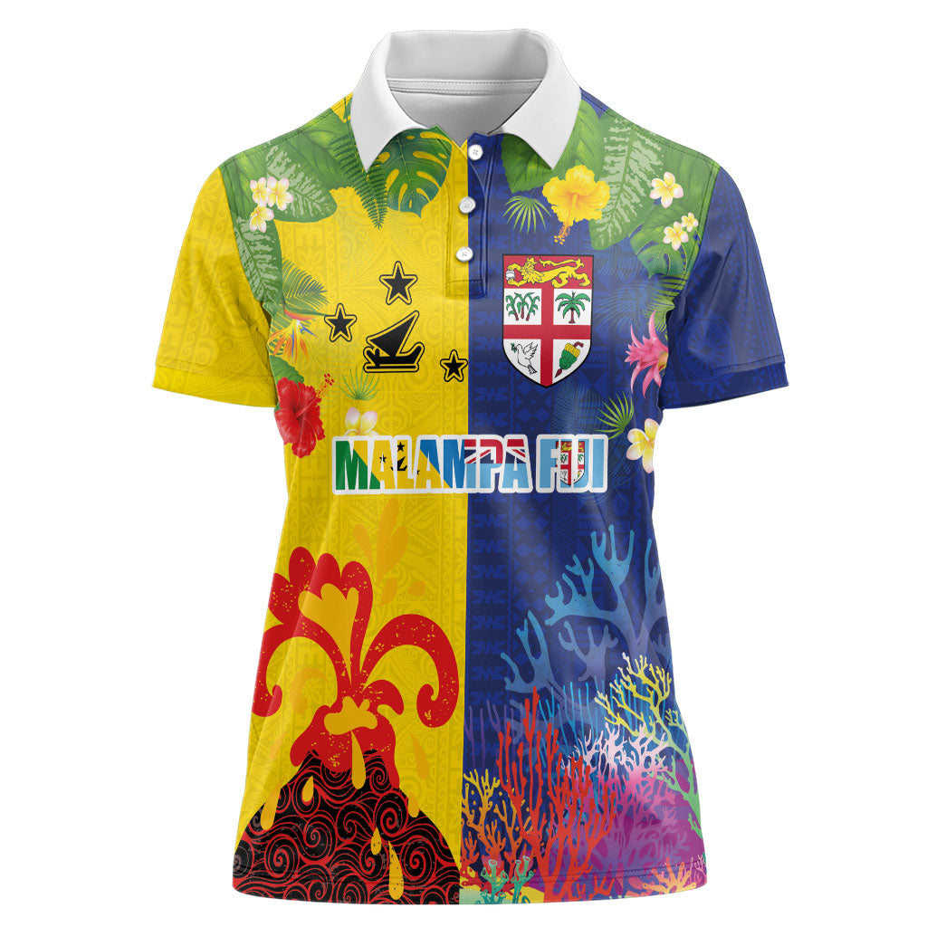 Malampa Fiji Day Women Polo Shirt Volcano and Coral Reef with Culture Patterns Split Style