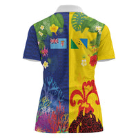 Malampa Fiji Day Women Polo Shirt Volcano and Coral Reef with Culture Patterns Split Style