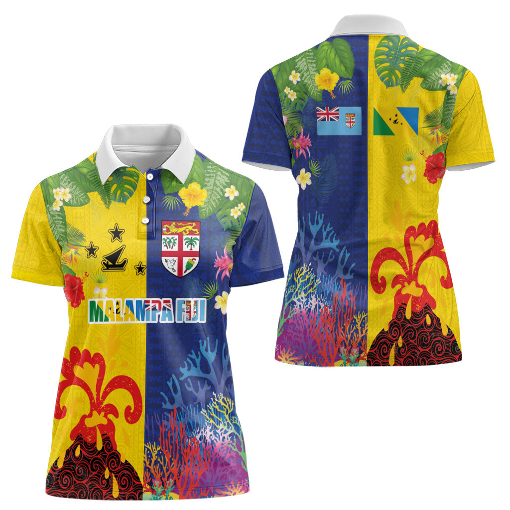 Malampa Fiji Day Women Polo Shirt Volcano and Coral Reef with Culture Patterns Split Style