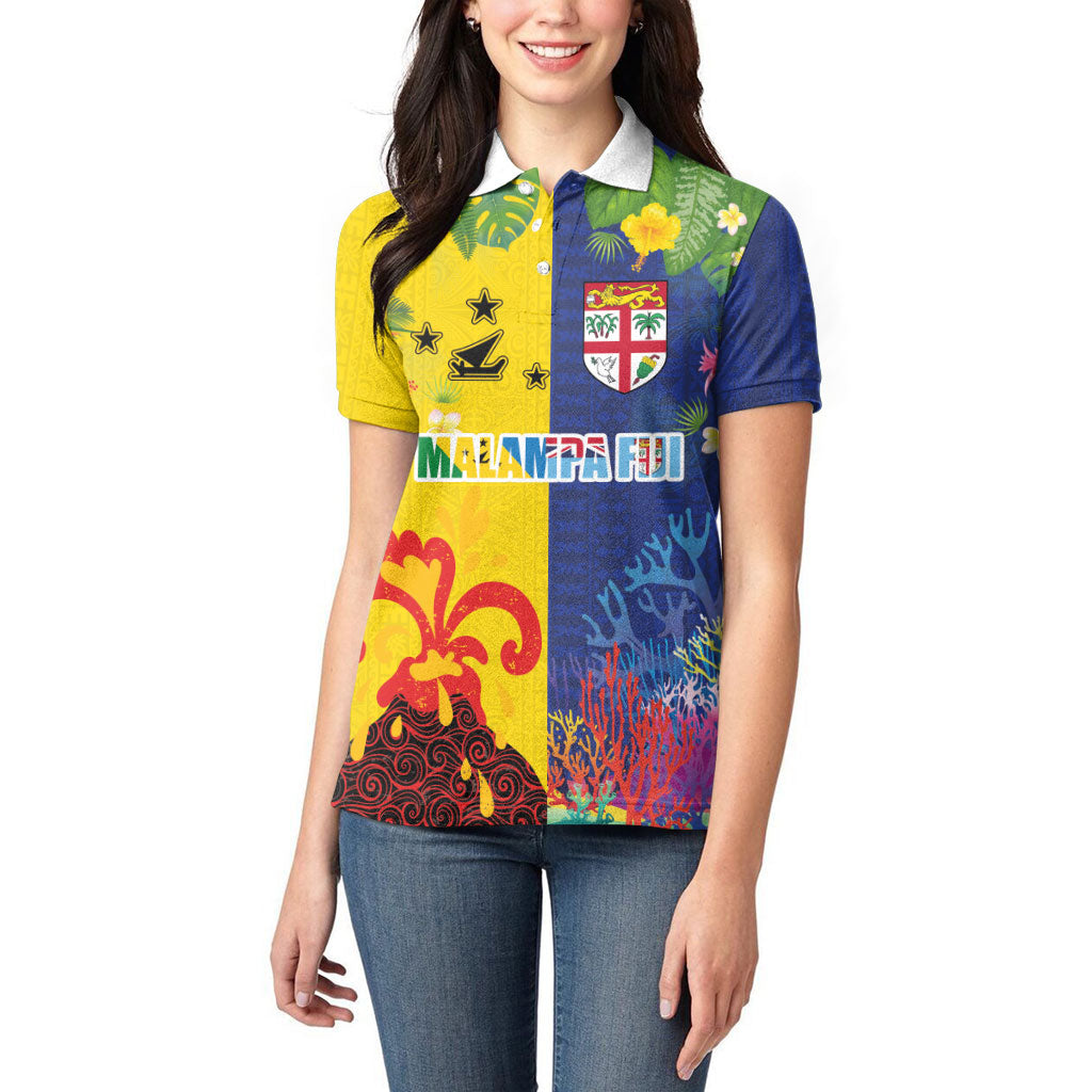 Malampa Fiji Day Women Polo Shirt Volcano and Coral Reef with Culture Patterns Split Style