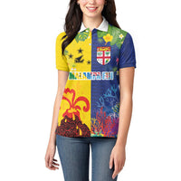 Malampa Fiji Day Women Polo Shirt Volcano and Coral Reef with Culture Patterns Split Style
