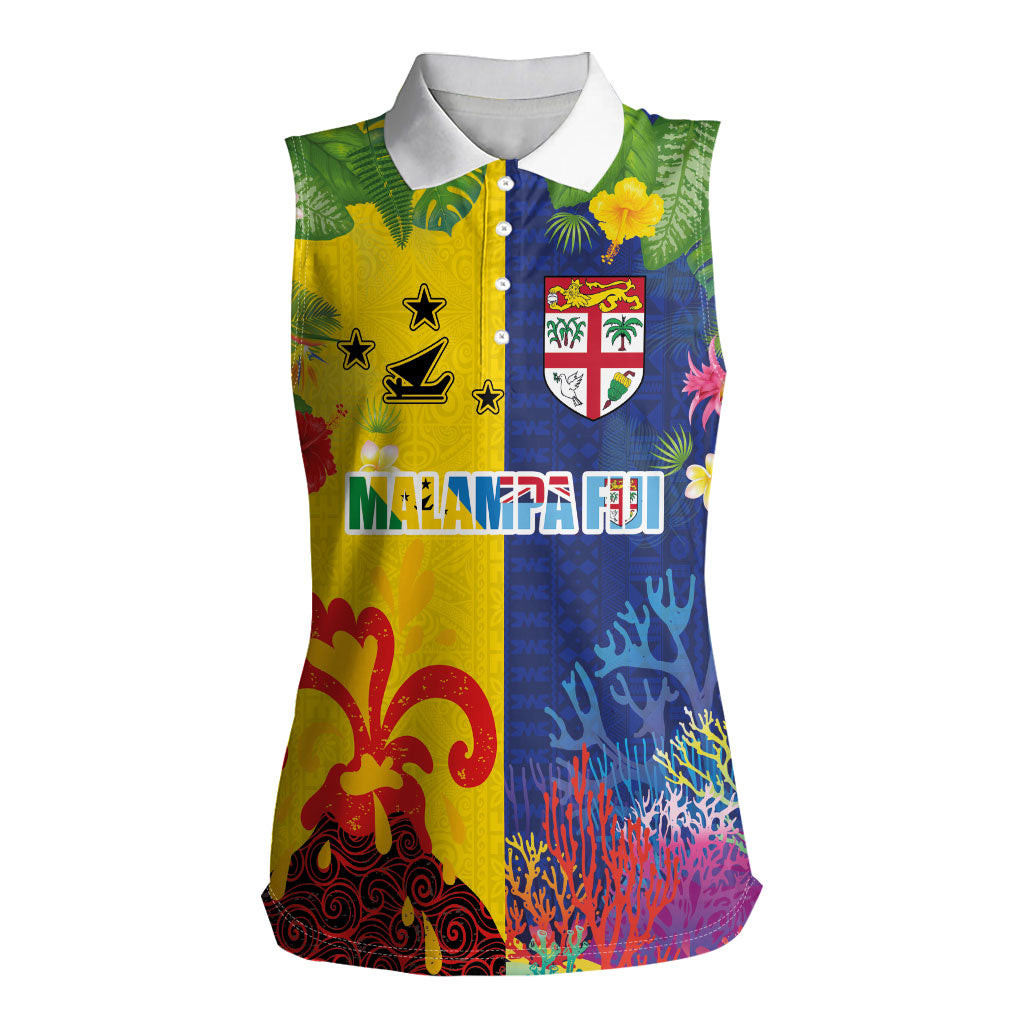 Malampa Fiji Day Women Sleeveless Polo Shirt Volcano and Coral Reef with Culture Patterns Split Style