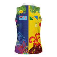 Malampa Fiji Day Women Sleeveless Polo Shirt Volcano and Coral Reef with Culture Patterns Split Style