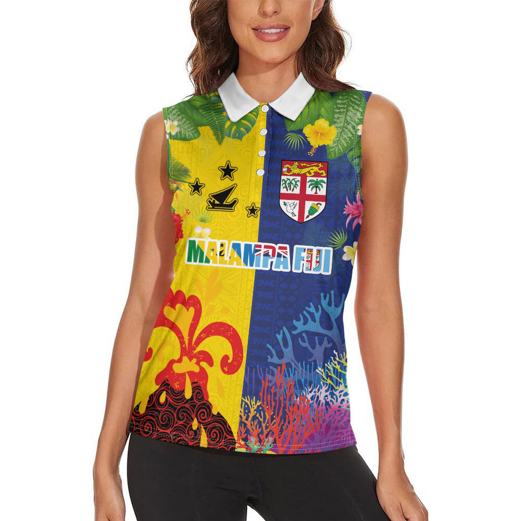 Malampa Fiji Day Women Sleeveless Polo Shirt Volcano and Coral Reef with Culture Patterns Split Style