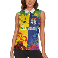 Malampa Fiji Day Women Sleeveless Polo Shirt Volcano and Coral Reef with Culture Patterns Split Style