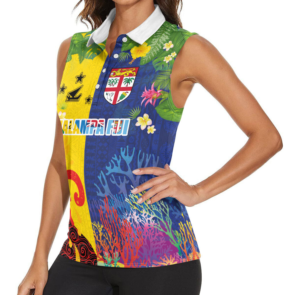 Malampa Fiji Day Women Sleeveless Polo Shirt Volcano and Coral Reef with Culture Patterns Split Style
