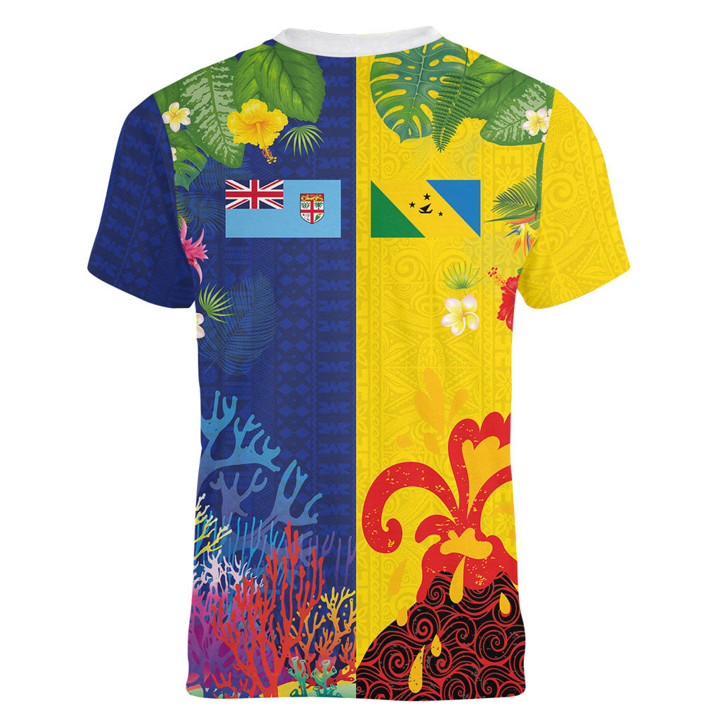Malampa Fiji Day Women V-Neck T-Shirt Volcano and Coral Reef with Culture Patterns Split Style