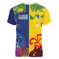 Malampa Fiji Day Women V-Neck T-Shirt Volcano and Coral Reef with Culture Patterns Split Style