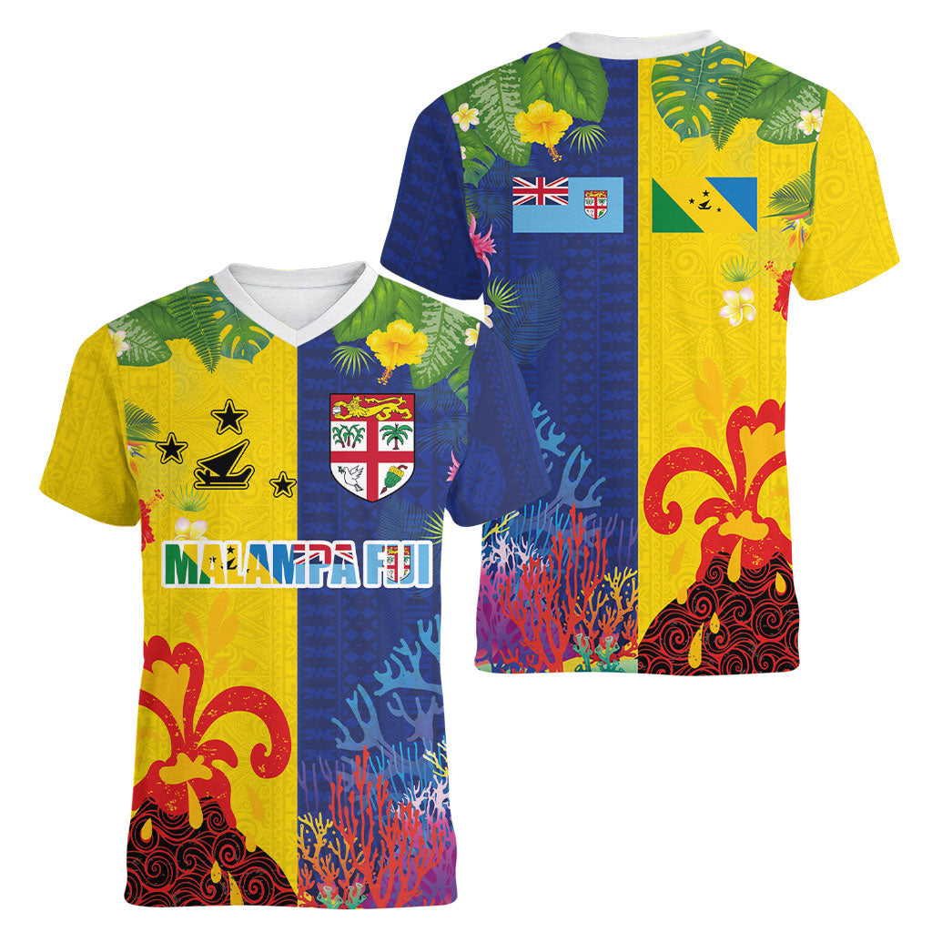 Malampa Fiji Day Women V-Neck T-Shirt Volcano and Coral Reef with Culture Patterns Split Style