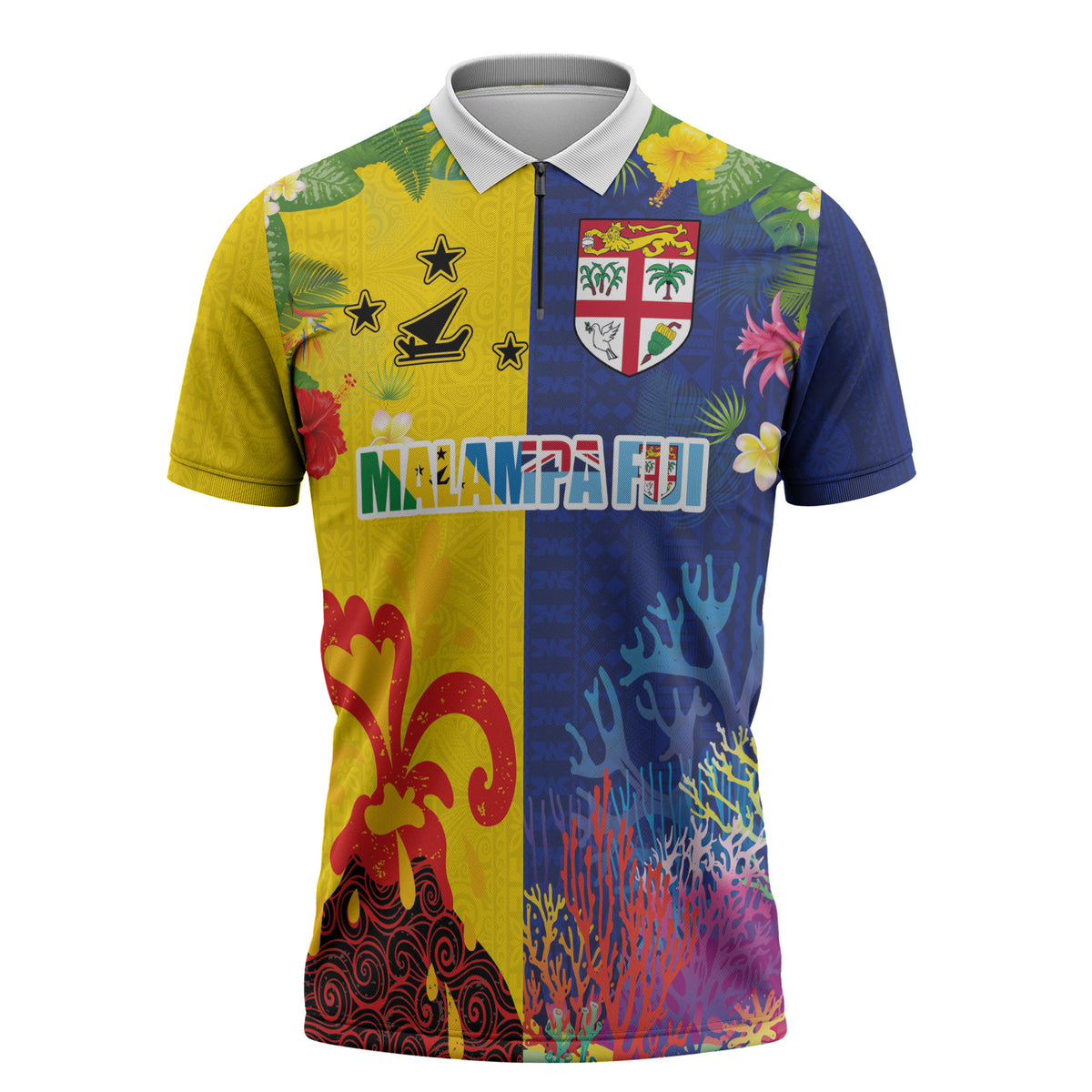 Malampa Fiji Day Zipper Polo Shirt Volcano and Coral Reef with Culture Patterns Split Style