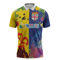 Malampa Fiji Day Zipper Polo Shirt Volcano and Coral Reef with Culture Patterns Split Style