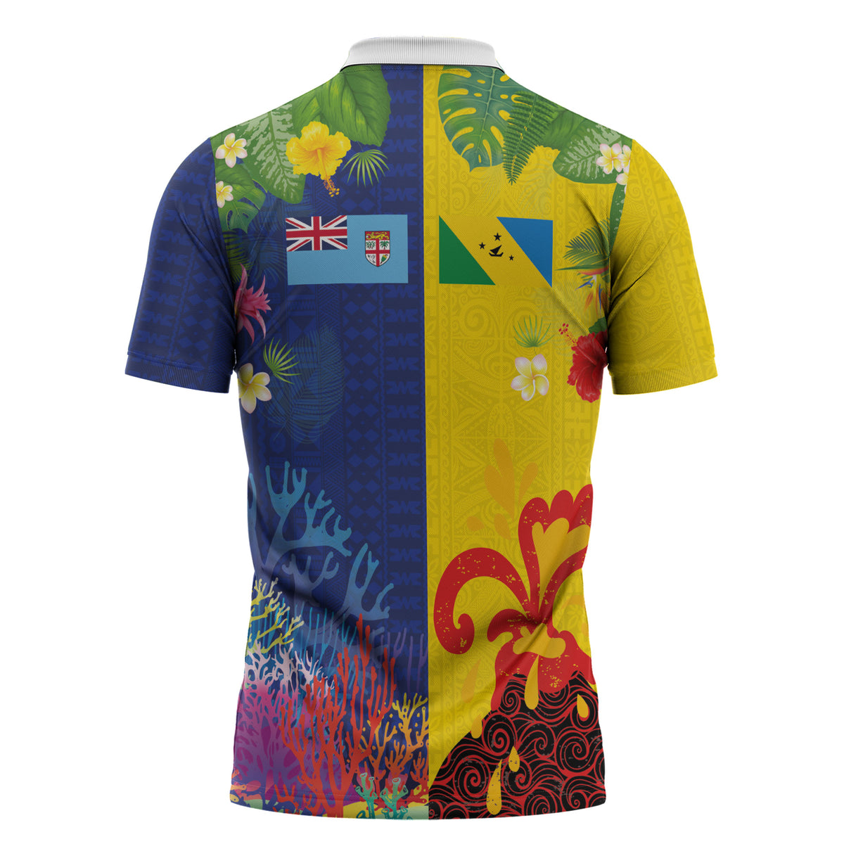 Malampa Fiji Day Zipper Polo Shirt Volcano and Coral Reef with Culture Patterns Split Style