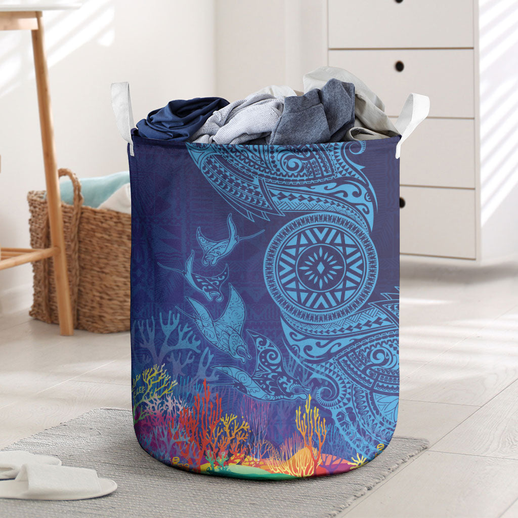 Fijian Tribal Manta Ray Laundry Basket Masi Motif with Coral Reef Ocean Vibe