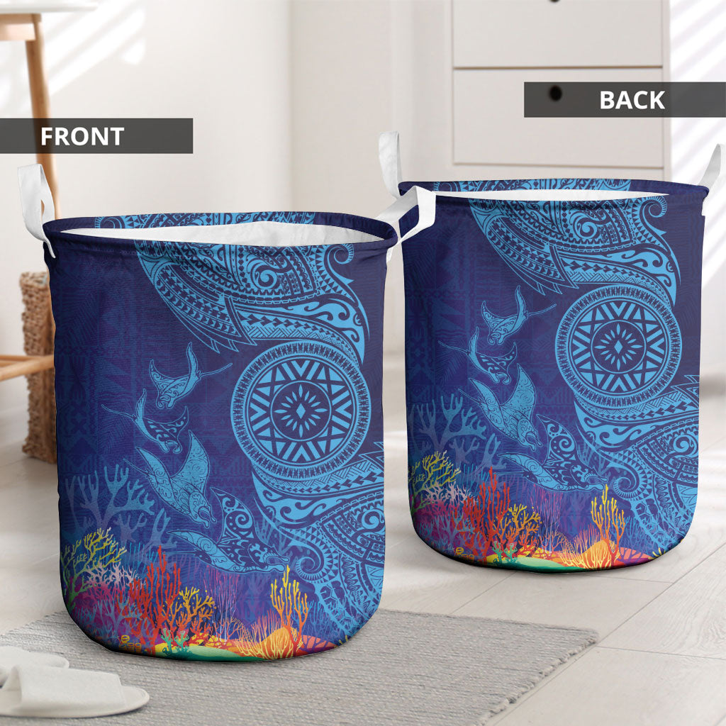 Fijian Tribal Manta Ray Laundry Basket Masi Motif with Coral Reef Ocean Vibe