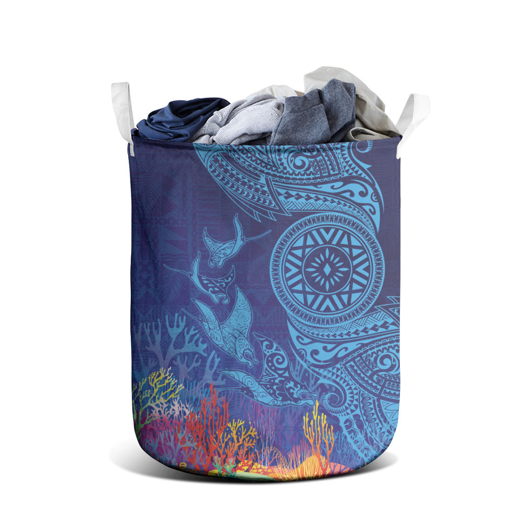Fijian Tribal Manta Ray Laundry Basket Masi Motif with Coral Reef Ocean Vibe