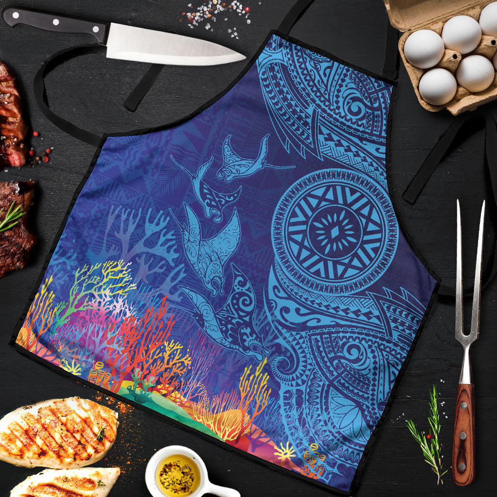 Fijian Tribal Manta Ray Apron Masi Motif with Coral Reef Ocean Vibe