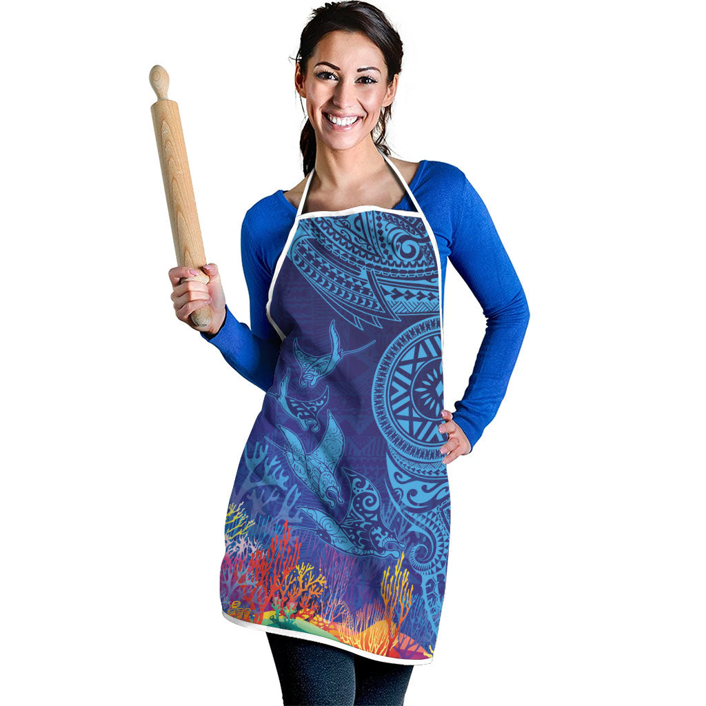 Fijian Tribal Manta Ray Apron Masi Motif with Coral Reef Ocean Vibe