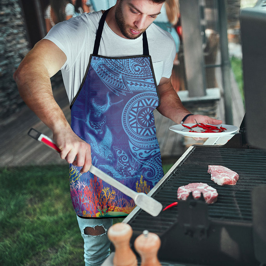 Fijian Tribal Manta Ray Apron Masi Motif with Coral Reef Ocean Vibe