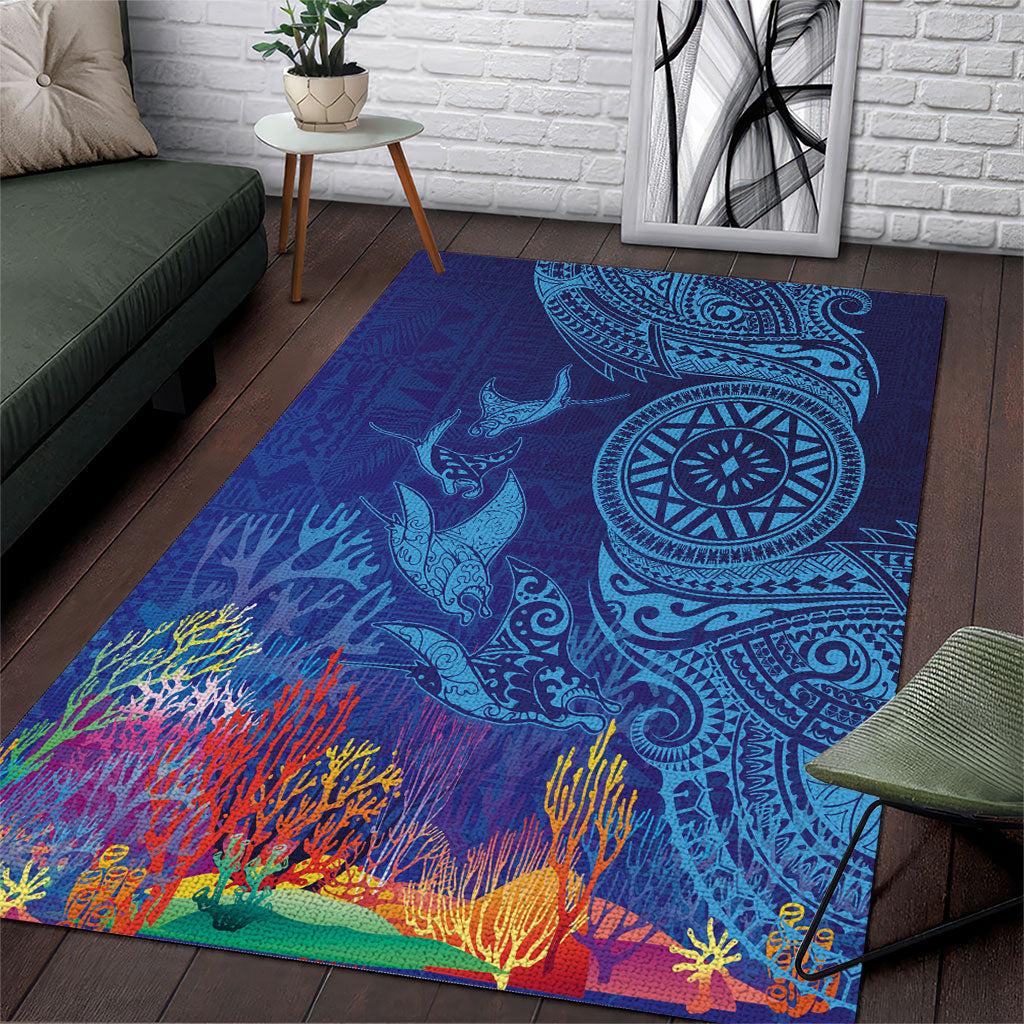 Fijian Tribal Manta Ray Area Rug Masi Motif with Coral Reef Ocean Vibe
