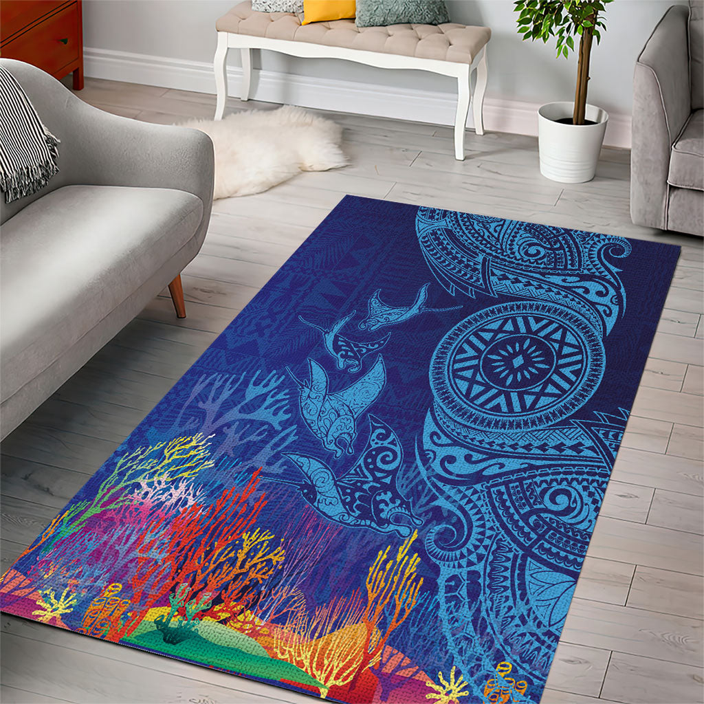 Fijian Tribal Manta Ray Area Rug Masi Motif with Coral Reef Ocean Vibe