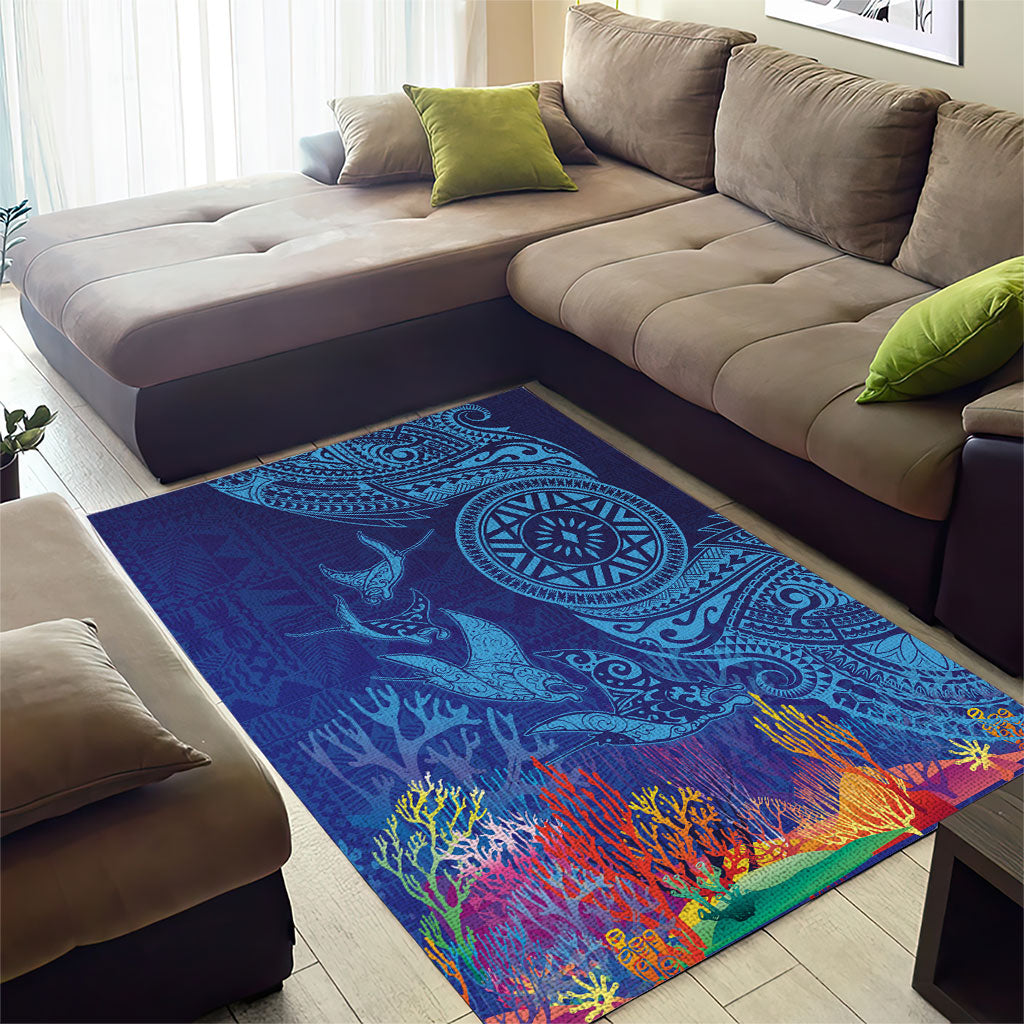 Fijian Tribal Manta Ray Area Rug Masi Motif with Coral Reef Ocean Vibe
