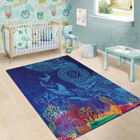 Fijian Tribal Manta Ray Area Rug Masi Motif with Coral Reef Ocean Vibe