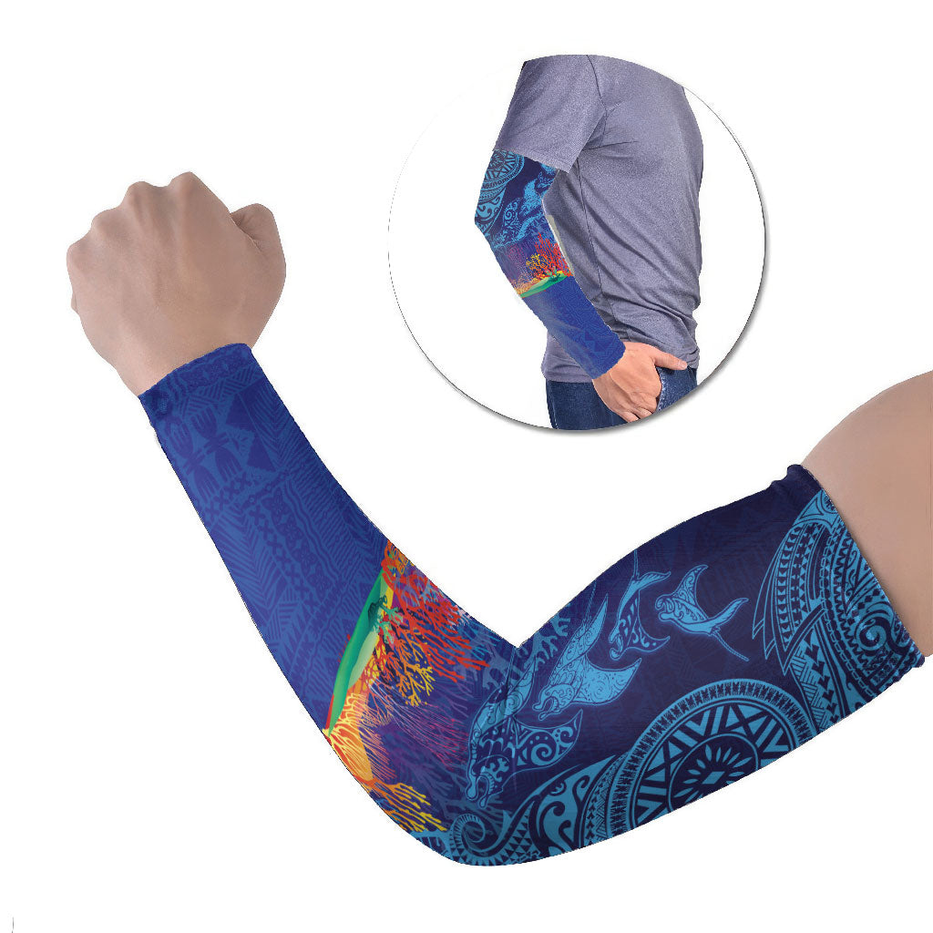 Fijian Tribal Manta Ray Arm Sleeves Masi Motif with Coral Reef Ocean Vibe