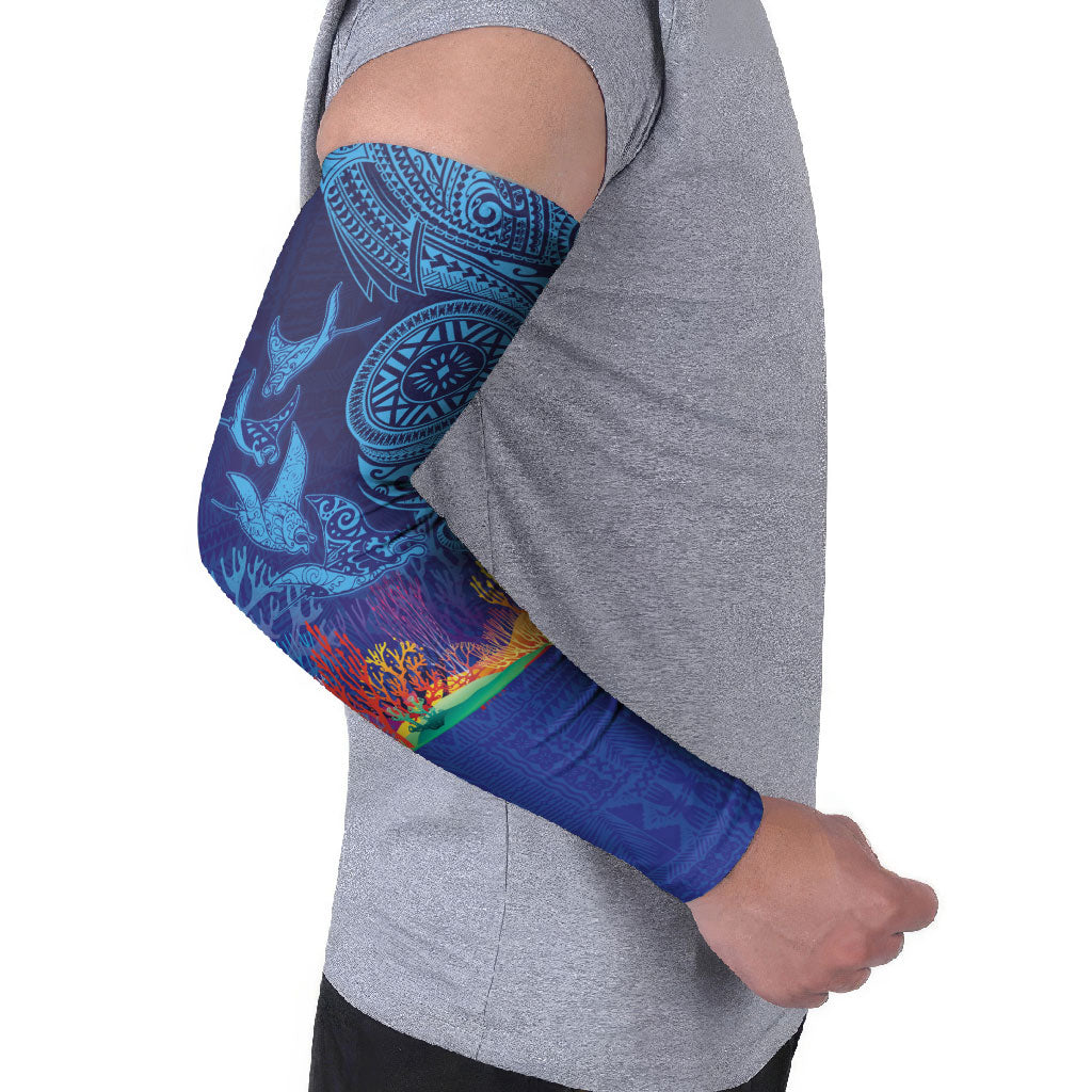 Fijian Tribal Manta Ray Arm Sleeves Masi Motif with Coral Reef Ocean Vibe