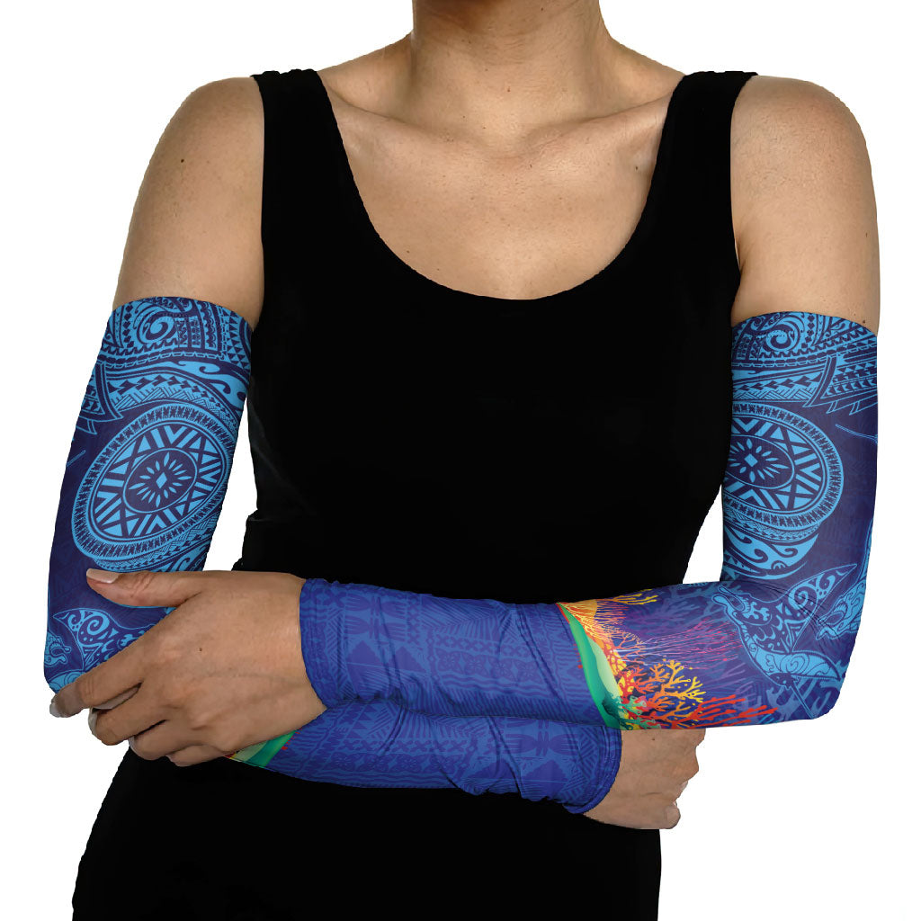 Fijian Tribal Manta Ray Arm Sleeves Masi Motif with Coral Reef Ocean Vibe