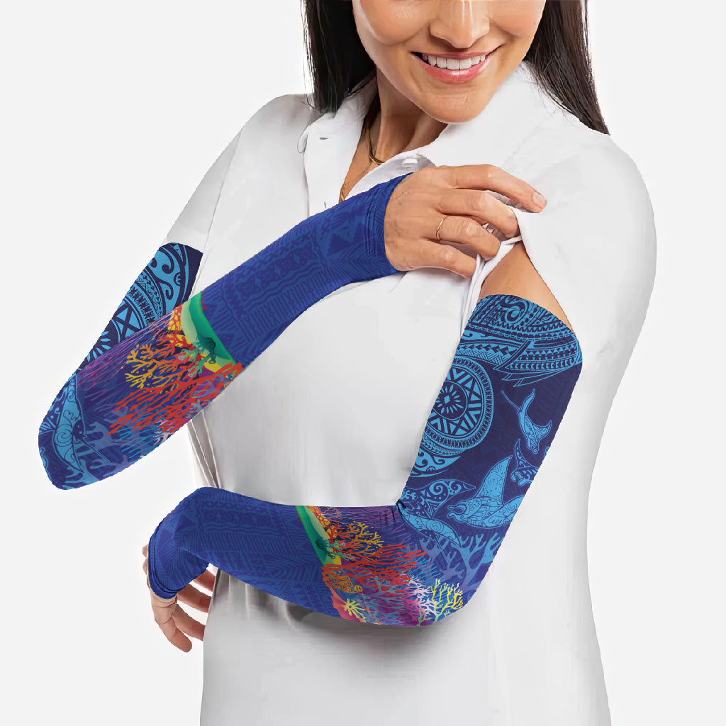 Fijian Tribal Manta Ray Arm Sleeves Masi Motif with Coral Reef Ocean Vibe