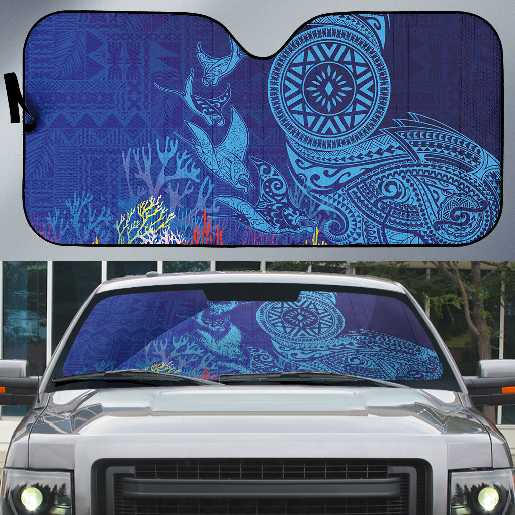 Fijian Tribal Manta Ray Auto Sun Shade Masi Motif with Coral Reef Ocean Vibe