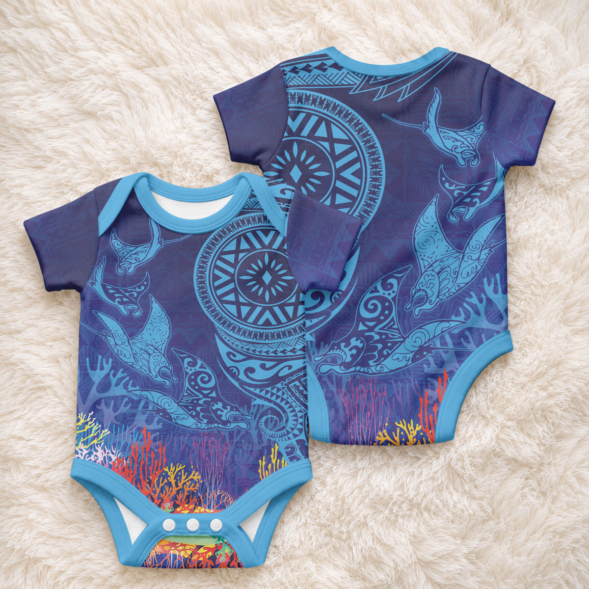 Fijian Tribal Manta Ray Baby Onesie Masi Motif with Coral Reef Ocean Vibe